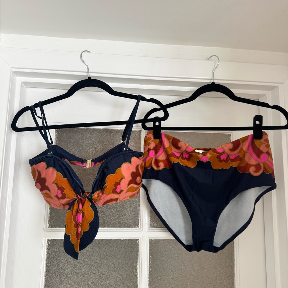 Zimmermann Navy Floral Tie-Front Bikini Top with Pink and Orange Accents